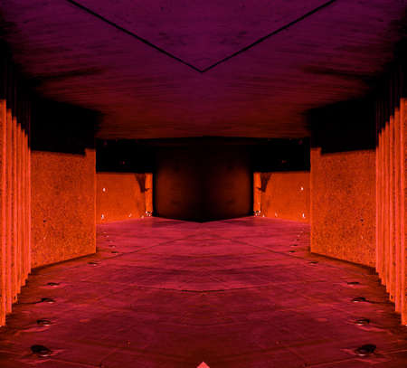 Mysterious red hallway with strange asymmetrical walls.
