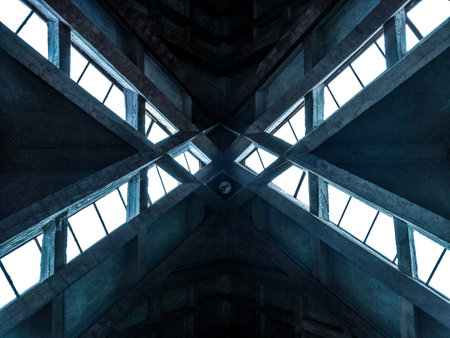 Windows on the roof of a symmetrically constructed buildingの写真素材