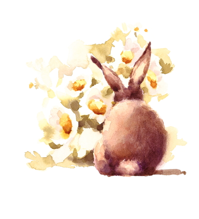 Cute Baby Bunny Rabbit smelling daisies flowers Watercolor Hand Drawn Pet Animal Summer Illustration isolated on white backgroundの写真素材