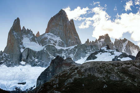 The peak of Cerro Fitz Roy shows off in late afternoon of a beautiful day with clear sky. の写真素材