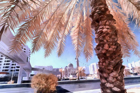 Date palm with mosque in background in false infrared colorsの写真素材