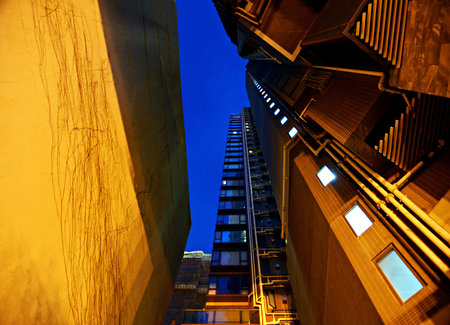 modern office buildings at night, in the city of london englandの写真素材