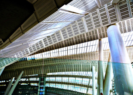 Hong Kong - Interior of a modern airport terminal building, closeup of photoの写真素材