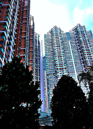Hong Kong - Modern apartment buildings in Hong Kong, China. Architectural detail.の写真素材