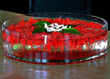Thailand - Red flower with flowers in a glass bowl on a black background.の写真素材