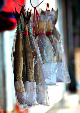 Hong Kong -  fish in plastic bags on the streetの写真素材