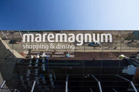 Barcelona / Spain - March 30 2017: Mirror building of Maremagnum shopping and Dining Center close to Barcelona Port Vell. Shopping and leisure centre in spain.のeditorial素材