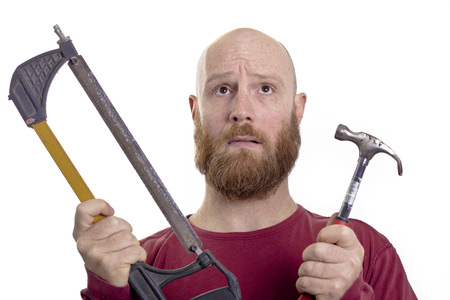 carpenter choose hammer or saw isolated on white background