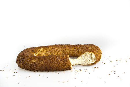 Turkish traditional breakfast bagel simit isolated on white backgroundの写真素材