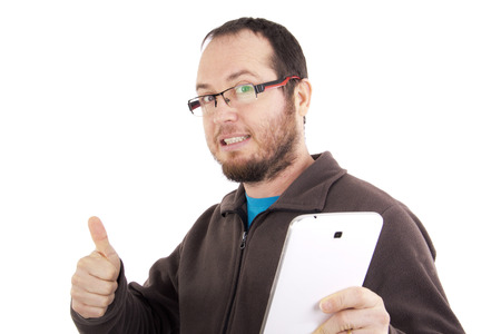 casual dressed man with phone in his hand isolated on white background