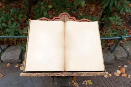 Empty vintage fairytale book on wood construction. Open air parking area.の写真素材