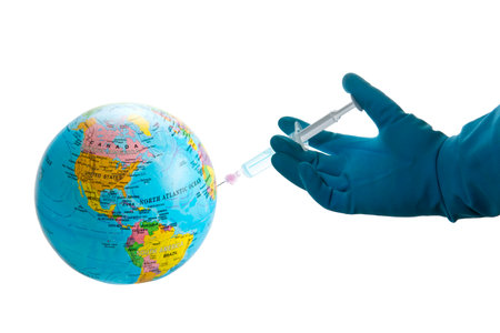 The vaccine and blue medical gloves. Vaccine show countries on the world. All countries started to get vaccinations. Which vaccine is better. On white background.の写真素材