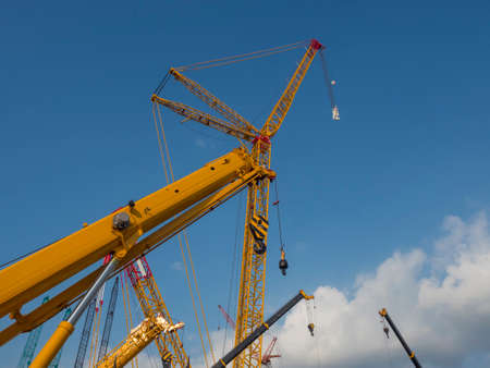 many tower and pulley of crawler craneの写真素材