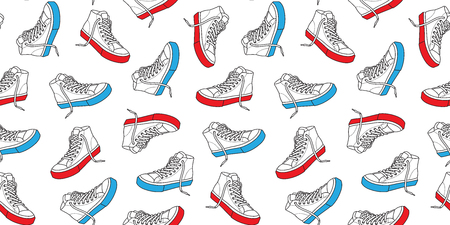 Sneaker shoe seamless pattern canvas doodle vector isolated wallpaper background red & Blueのイラスト素材