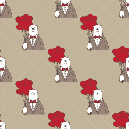 Polar bear seamless pattern vector, heart, love Valentine balloon isolated wallpaper brown and red background.のイラスト素材
