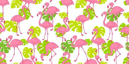 Flamingo seamless pattern vector pink Flamingos exotic bird monstera leaf summer tropical scarf isolated tile background repeat wallpaper cartoon illustrationのイラスト素材