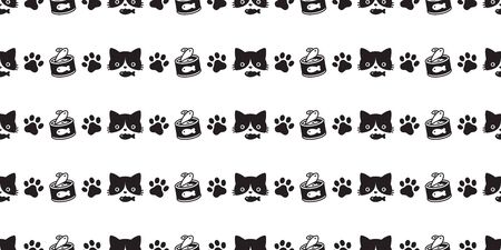 cat seamless pattern vector paw kitten food calico fish repeat wallpaper scarf isolated cartoon tile background doodle illustration blackのイラスト素材