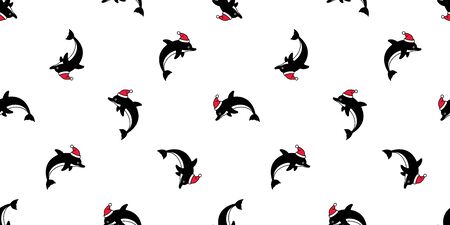 dolphin Seamless pattern Christmas hat vector Santa Claus fish shark tuna doodle cartoon salmon whale wave ocean sea scarf isolated repeat wallpaper tile background illustration designのイラスト素材