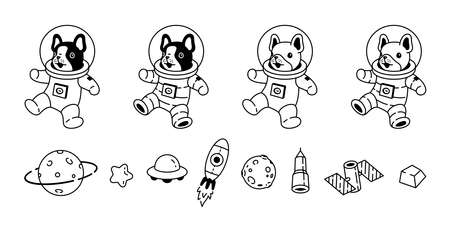 dog vector french bulldog icon space suit spaceship ufo star planet galaxy sci fi pet puppy cartoon character animal doodle symbol illustration designのイラスト素材