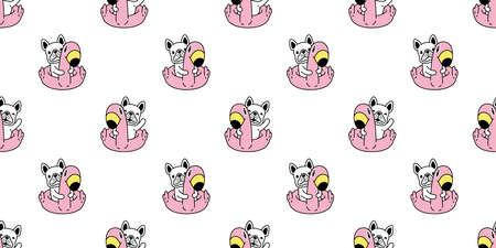 dog seamless pattern french bulldog swimming ring flamingo pool ocean beach puppy pet breed vector repeat wallpaper scarf isolated tile background cartoon animal doodle illustration white designのイラスト素材