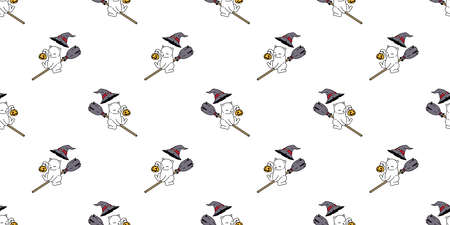 cat seamless pattern Halloween pumpkin witch hat broom kitten vector calico cartoon repeat wallpaper scarf isolated tile background character doodle illustration designのイラスト素材