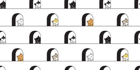 cat seamless pattern kitten calico vector pet window door house scarf isolated repeat background cartoon animal tile wallpaper illustration doodle designのイラスト素材