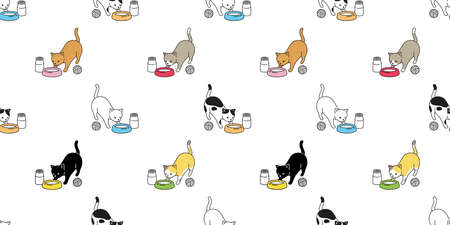 cat seamless pattern food bowl kitten calico vector pet milk scarf isolated repeat background cartoon animal tile wallpaper doodle illustration designのイラスト素材