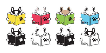 dog vector french bulldog icon reading book puppy pet paw character cartoon symbol scarf doodle illustration designのイラスト素材