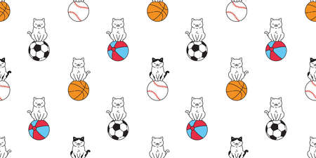 cat seamless pattern kitten beach ball calico basketball baseball sport pet scarf isolated cartoon animal tile wallpaper repeat background doodle illustration designのイラスト素材