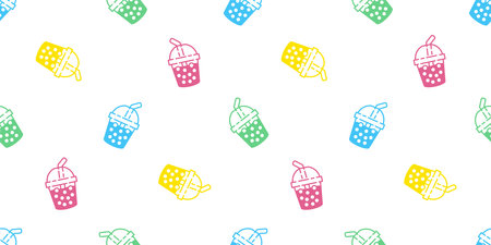 Boba tea seamless pattern vector bubble milk tea repeat wallpaper scarf isolated tile background gift wrapping paper illustration doodle designのイラスト素材