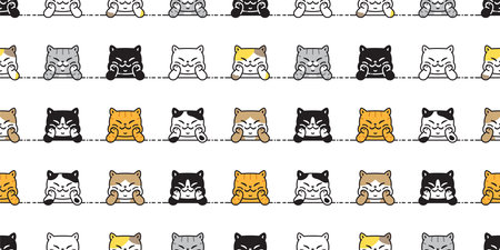 cat seamless pattern calico sitting vector kitten smiling breed neko cartoon character pet tile background repeat wallpaper scarf isolated illustration doodle designのイラスト素材