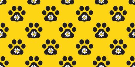 dog paw seamless pattern flower daisy footprint french bulldog vector puppy pet bone toy breed cartoon doodle repeat wallpaper tile background illustration isolatedのイラスト素材