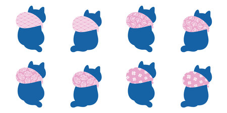 cat vector kitten icon neko calico japanese wave furoshiki fish leaf flower traveller picnic pet cartoon character doodle symbol tattoo stamp scarf illustration design isolatedのイラスト素材