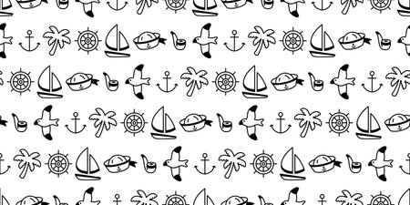 Anchor seamless pattern boat sailor palm tree squid bird vector helm seagull pirate maritime...
