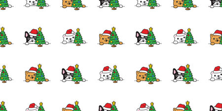 french bulldog bear polar cat seamless pattern Christmas tree Santa Claus hat munchkin dog puppy polar kitten calico neko vector pet doodle cartoon gift wrapping paper tile backgroのイラスト素材