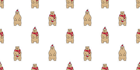 bear polar seamless pattern Christmas scarf Santa Claus hat vector pet doodle cartoon gift wrapping paper tile background repeat wallpaper illustration scarf isolated designのイラスト素材