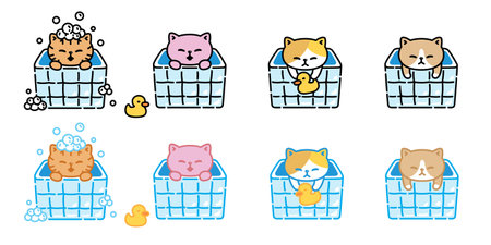 cat vector shower bathroom bathtub icon kitten calico neko soap bubble pet cartoon character symbol sticker illustration clip art isolated designのイラスト素材