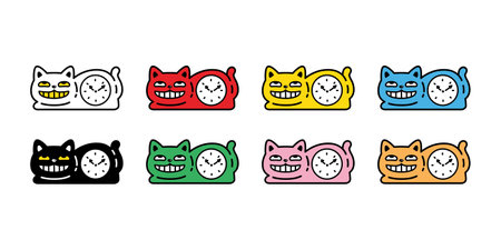 cat vector kitten smile clock time icon calico neko pet cartoon character munchkin illustration symbol clip art isolated designのイラスト素材