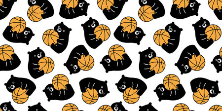 bear polar seamless pattern play basketball ball sport vector teddy sitting pet doodle cartoon gift wrapping paper tile background repeat wallpaper illustration scarf isolated desiのイラスト素材