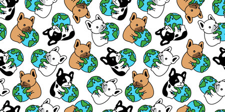 dog seamless pattern french bulldog globe earth cartoon vector puppy pet doodle tile background repeat wallpaper gift wrapping paper illustration scarf isolated designのイラスト素材