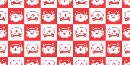cat seamless pattern kitten laughing smile checked red calico neko vector pet cartoon doodle tile background gift wrapping paper repeat wallpaper scarf isolated illustration designのイラスト素材