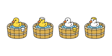 duck vector shower bathing oak barrel swimming icon scarf logo cartoon character yellow rubber duck bird chicken symbol doodle isolated illustration designのイラスト素材