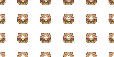 cat seamless pattern hamburger fast food calico neko vector cartoon pet doodle tile background gift wrapping paper repeat wallpaper scarf isolated illustration designのイラスト素材