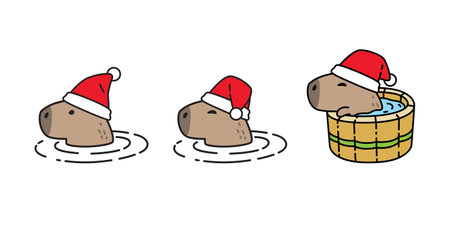 capybara vector christmas santa claus hat swimming shower bathtub oak barrel icon cartoon character sitting pet logo symbol illustration clip art isolated designのイラスト素材