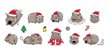 pygmy hippo icon christmas santa claus Baby Hippo snowflake candy cane gift box vector hippopotamuses zoo pet animal cartoon character logo symbol illustration clip art isolated deのイラスト素材