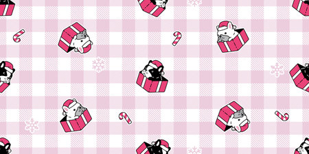dog seamless pattern french bulldog Christmas box Santa Claus hat candy cane vector puppy pet...