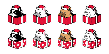dog vector french bulldog christmas box santa claus hat icon cartoon character puppy pet doodle illustration clip art symbol isolated designのイラスト素材