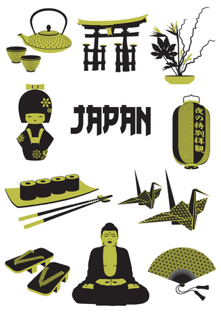 A two-tone silhouette of Japanese objectsのイラスト素材