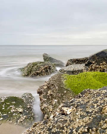 View into the ocean water from the beach shoreの写真素材