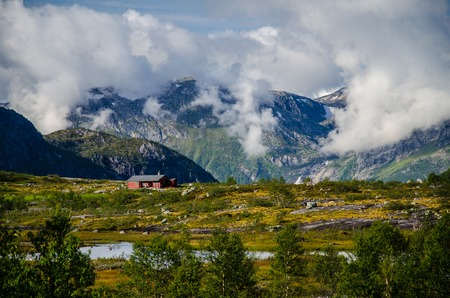 Red house and yellow meadow on Trolltunga trail in Norway.の写真素材